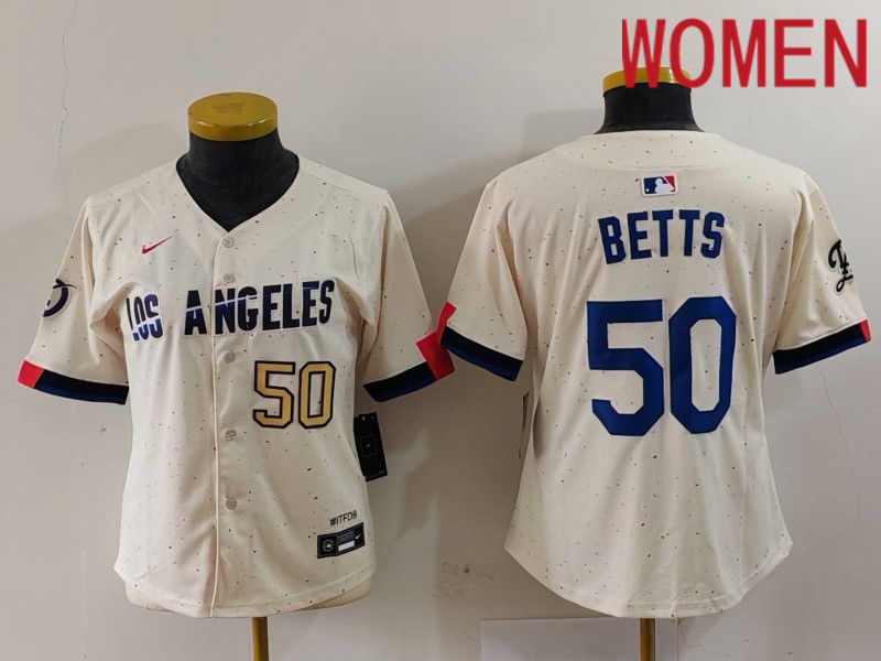 Women Los Angeles Dodgers #50 Betts Cream Fashion Nike Game MLB Jersey style 7032->->Women Jersey
